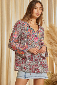 SJ Boho Trumpet Sleeve Embroidered Top - Beige/Burgundy