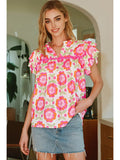 Floral Ruffle Sleeve Ric-Rac Trim Split Neck Blouse - Pink/Green