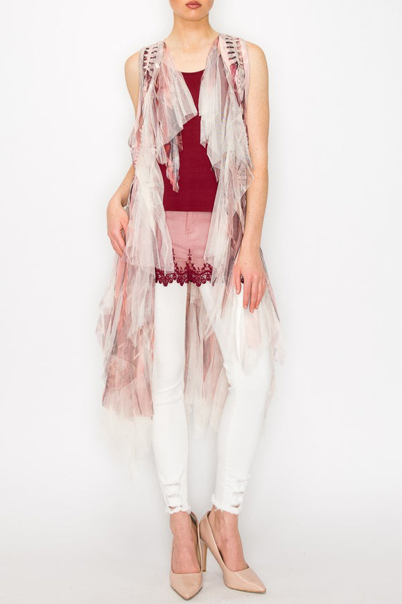 Soft Stripe Embroidered Vest w/ Chiffon Layer Bottom - Rose