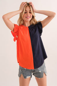 Colorblock Ruffle Neck And Sleeveless Blouse