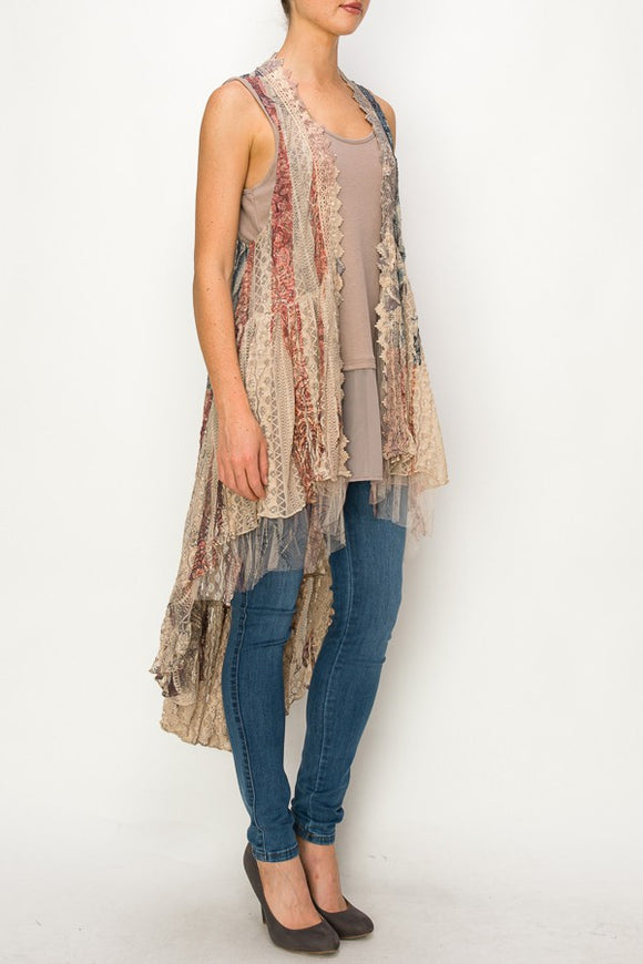 High/Low Lace and Crochet Long Vest - Patriotic Rose