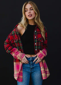 Ombre Bleach Dipped Plaid Flannel - Red/Green