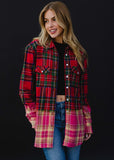 Ombre Bleach Dipped Plaid Flannel - Red/Green