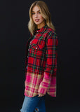 Ombre Bleach Dipped Plaid Flannel - Red/Green