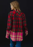 Ombre Bleach Dipped Plaid Flannel - Red/Green