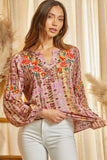 Donna Embroidered Balloon Sleeve Floral Top - Pink