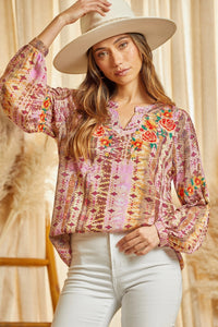 Donna Embroidered Balloon Sleeve Floral Top - Pink