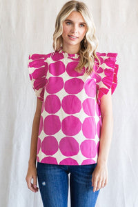 Large Dot Pattern Ruffle Cap Sleeves Top