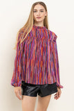 Pleated And Ribbed Striped Top - Magenta