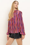 Pleated And Ribbed Striped Top - Magenta