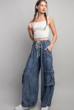 Wide Leg Denim Cargo Pants - Mineral Washed Blue