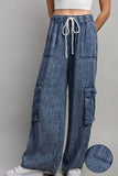 Wide Leg Denim Cargo Pants - Mineral Washed Blue