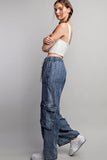 Wide Leg Denim Cargo Pants - Mineral Washed Blue