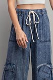 Wide Leg Denim Cargo Pants - Mineral Washed Blue