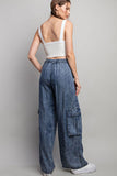 Wide Leg Denim Cargo Pants - Mineral Washed Blue