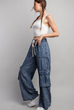 Wide Leg Denim Cargo Pants - Mineral Washed Blue