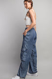 Wide Leg Denim Cargo Pants - Mineral Washed Blue