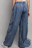 Wide Leg Denim Cargo Pants - Mineral Washed Blue