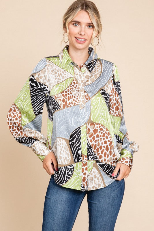 Mixed Animal Print Silky Button - Up Top - Green/Brown