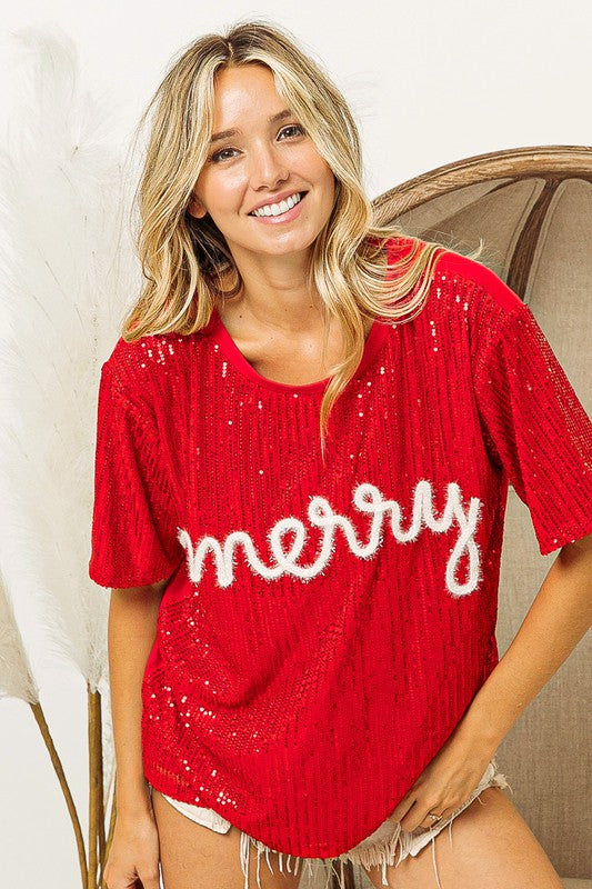 Merry Tinsel Sequin Top - Red/White