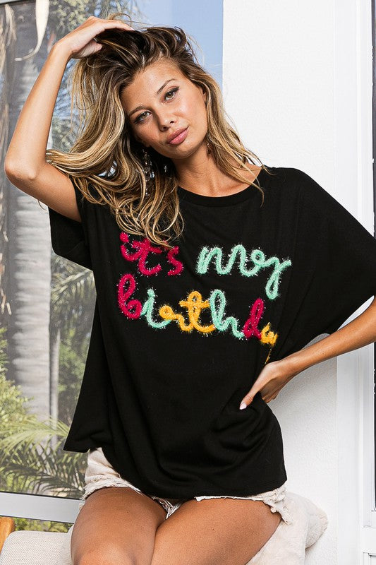 Tinsel Metallic It's My Birthday Top - Black