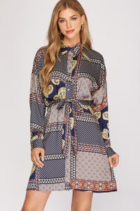 Silky Patchwork Collared Button-Up Dress - Navy