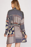 Silky Patchwork Collared Button-Up Dress - Navy
