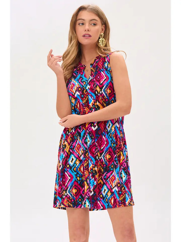 Geometric Fair Isle Tunic Dress - Fuchsia/Blue