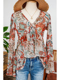 Boho Deep V Neck Knot Bell Sleeve Blouse - Floral Taupe
