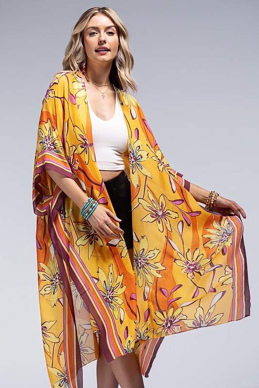Sunrose Swirl Modal Side Split Kimono - Honey Orange