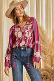 Stripe Floral Embroidered Long Sleeve Top - Magenta