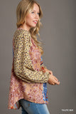 Mixed Paisley Print Long Sleeve Top with Front Lace-Up