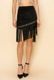 Stud Embellished Fringe Suede Skirt - Black