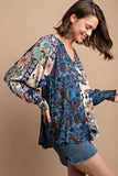 Contrast Floral Print Faux Buttton Top - Marsala