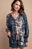 Contrast Floral Print Faux Buttton Top - Marsala