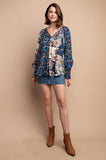 Contrast Floral Print Faux Buttton Top - Marsala