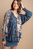 Contrast Floral Print Faux Buttton Top - Marsala