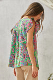 Ruffle Cap Sleeve Paisley Embroidered Babydoll SJ Top - Kelly Green/Pink