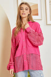 Double Pocket Lace Accent Gauzy Button-Up Top - Fuchsia