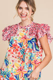 Mixed Print Double Ruffled Cap Sleeve Top - Red/Yellow
