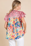 Mixed Print Double Ruffled Cap Sleeve Top - Red/Yellow
