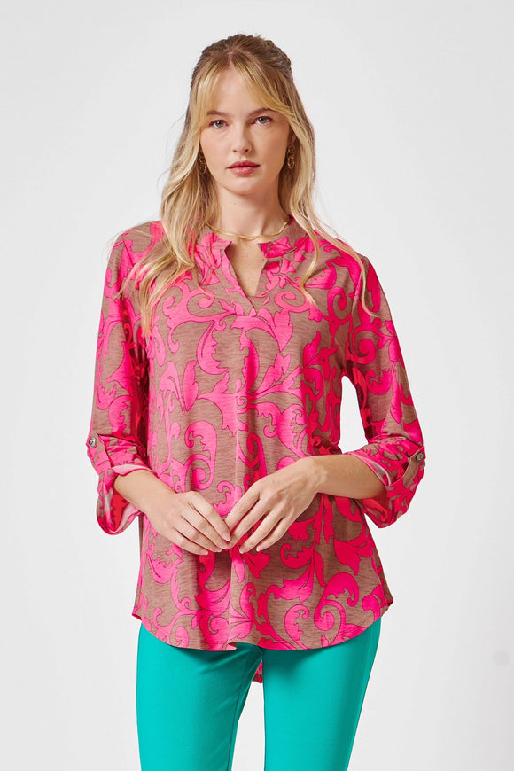 Lizbeth Floral Chain Print 3/4 Sleeve Top - Pink/Khaki