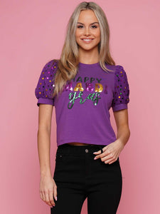 Mardi Gras Puff Sleeve Sequin Top - Purple