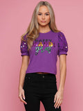 Mardi Gras Puff Sleeve Sequin Top - Purple