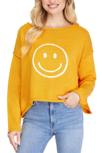 Smiley Face Pullover Sweater - Mustard
