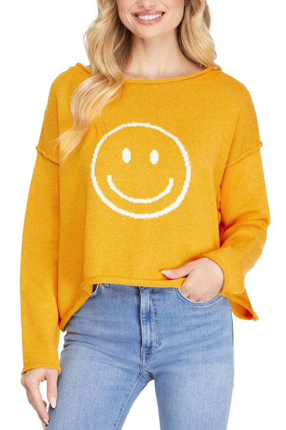 Smiley Face Pullover Sweater - Mustard