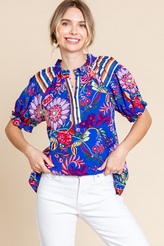 Latin Inspired Button-Up Top - Royal Blue