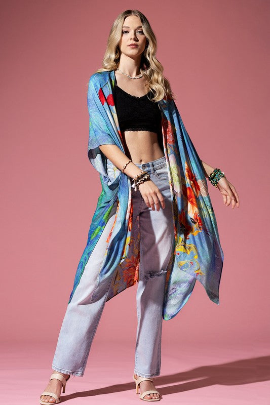 Sharon Rose Watercolor Side Split Kimono - Blue