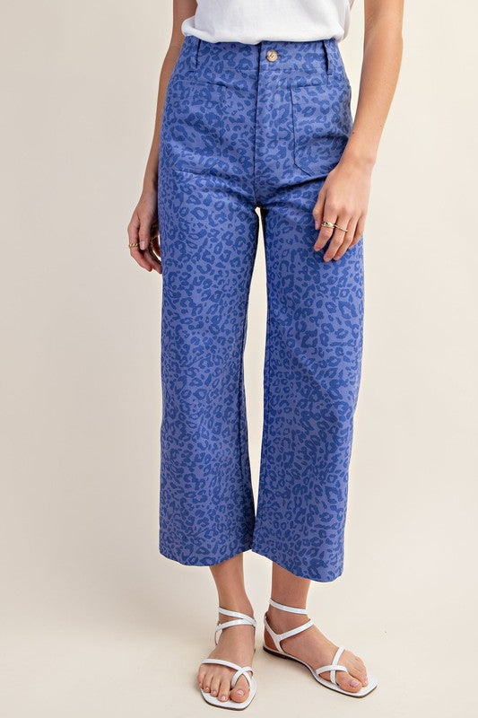 Ankle Skimmer Wide Leg Pants - Blue Leopard