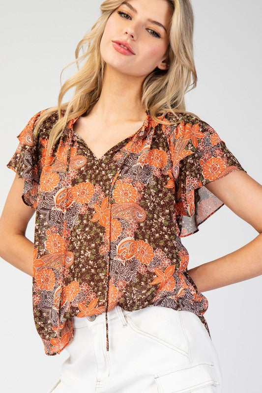 Digital Floral Print Ruffle Short Sleeve Top - Rust